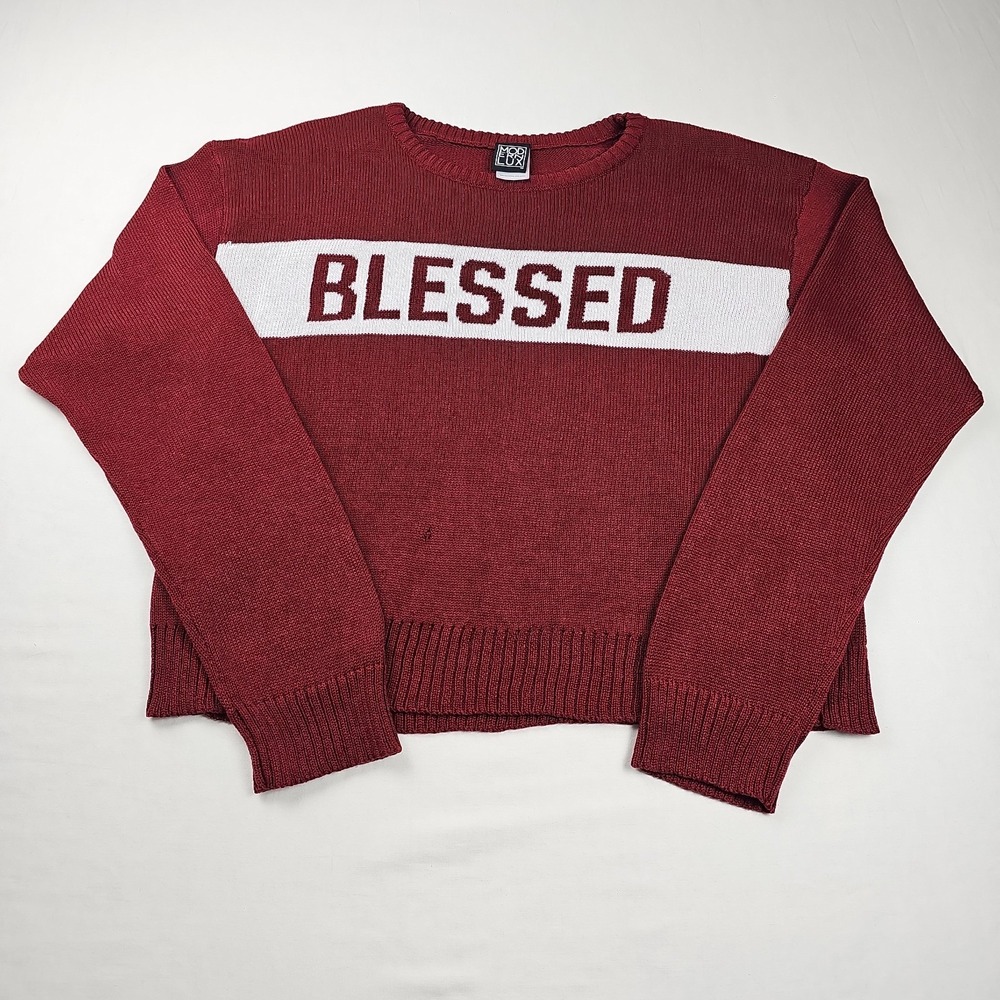 Modern Lux "BLESSED" women's size XL knit sweater maroon long sleeve crew neck